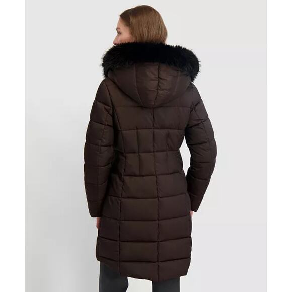 Tahari Velvet Bib Faux Fur Hooded Puffer Coat Women’s Black Winter M - Picture 7 of 8